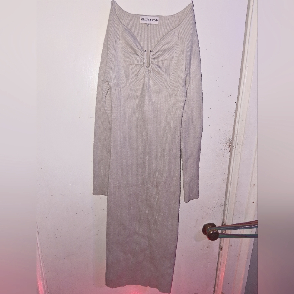 Elegant Jersey Knit Midi Dress Long Sleeve Fall Cream